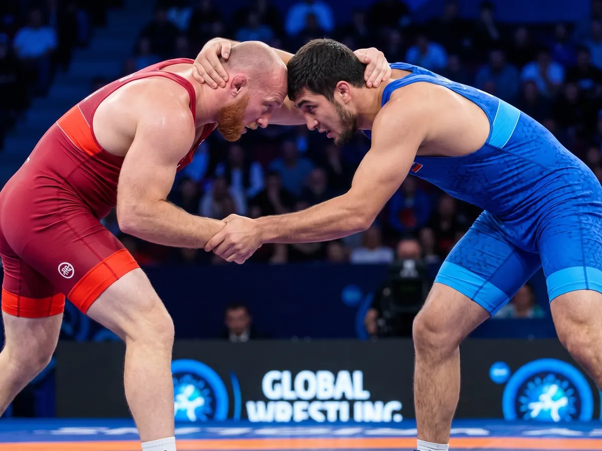 Two wrestlers in red and blue singlets locked in a standing tie-up, hand-fighting for grips in a freestyle match